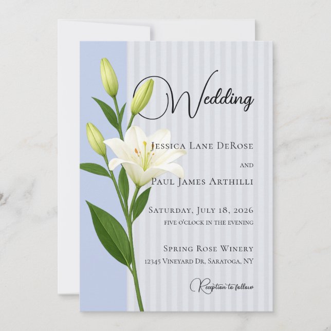 Faire invitation de mariage au lys blanc rayé de b (Devant)