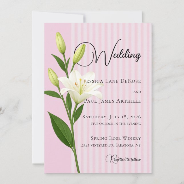 Faire invitation de mariage au lys blanc rayé de r (Devant)