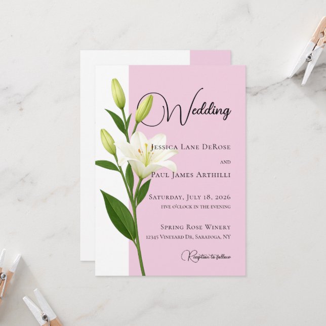 Faire invitation de mariage au lys blanc rose tend (Devant/Arrière en situation)