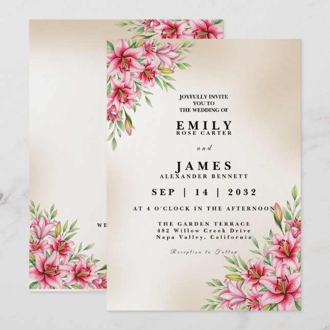 Faire invitation de mariage au lys Stargazer (Devant / Derrière)