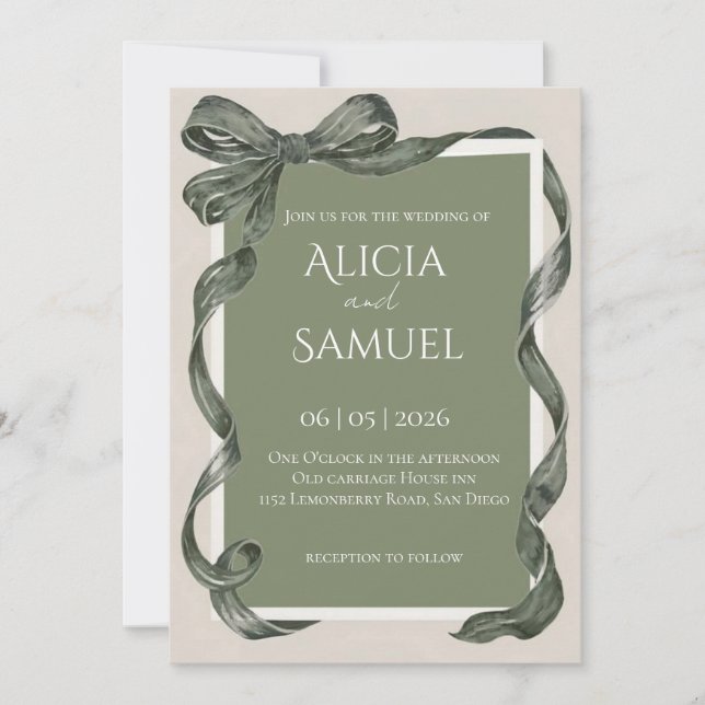 Faire invitation de mariage au ruban vert sauge él (Devant)
