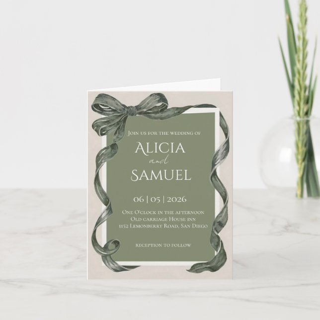 Faire invitation de mariage au ruban vert sauge él (Devant)