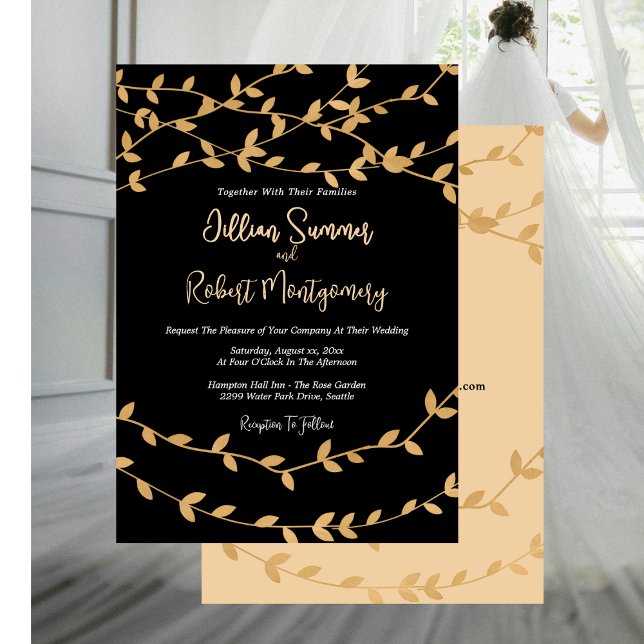 Faire invitation de mariage aux feuilles d'or et f (Elegant Gold Leaves With Black Wedding Invitation with RSVP)