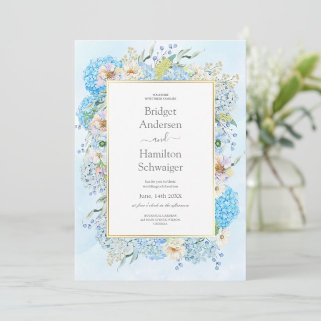 Faire invitation de mariage aux hortensias bleus é (Debout devant)