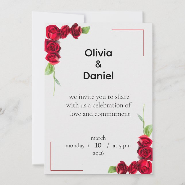 Faire invitation de mariage aux roses rouges (Devant)