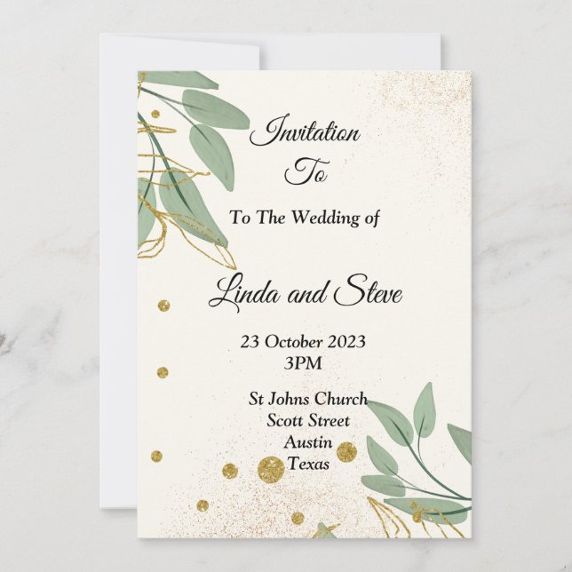 Faire invitation de mariage, beige vert or (Devant)