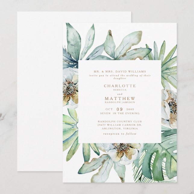Faire invitation de mariage blanc au feuillage tro (Devant / Derrière)