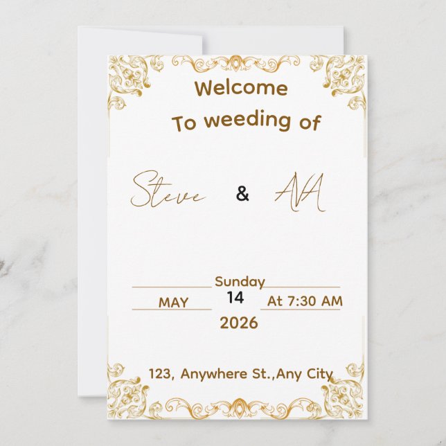 Faire invitation de mariage blanc et or (Devant)