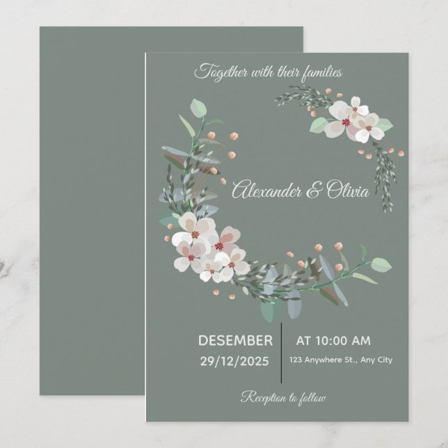 Faire invitation de mariage blanc et vert (Devant / Derrière)