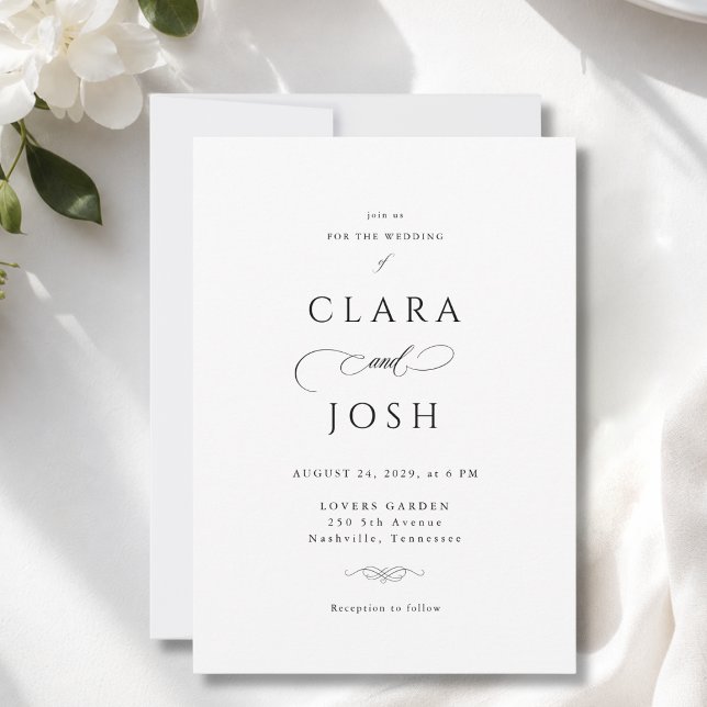 Faire invitation de mariage blanc noir écriture (Elegant White Black Script Wedding Invitation)