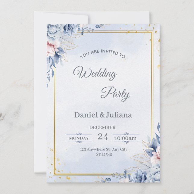 Faire invitation de mariage bleu et or (Devant)