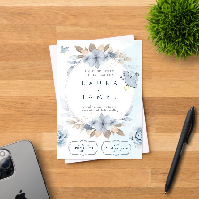 Faire invitation de mariage bleu floral avec colom (Insitu (Carte d'invitation))