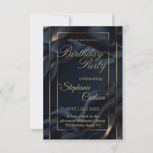 Faire invitation de mariage bleu marine et or (Devant)