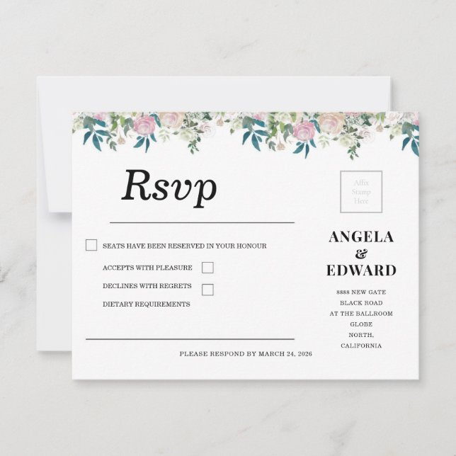 Faire invitation de mariage bleu marine et rose bl (Devant)