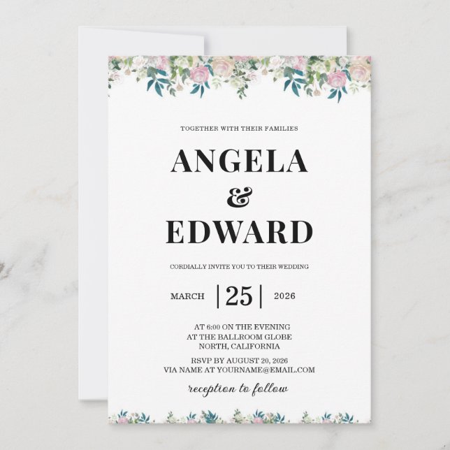 Faire invitation de mariage bleu marine et rose te (Devant)