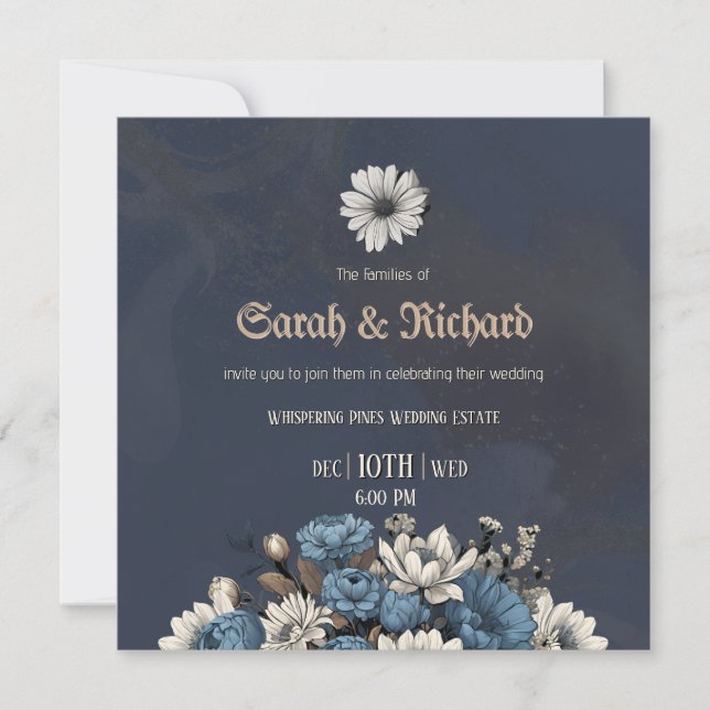 Faire invitation de mariage bleu marine floral (Devant)