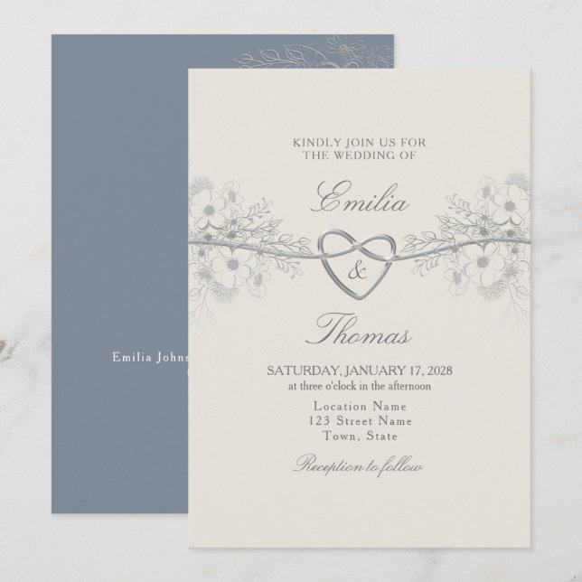 Faire invitation de mariage bleu poussiéreux (Devant / Derrière)