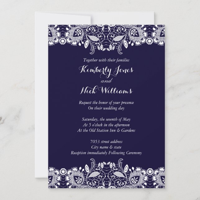 Faire invitation de mariage bleu royal en dentelle (Devant)