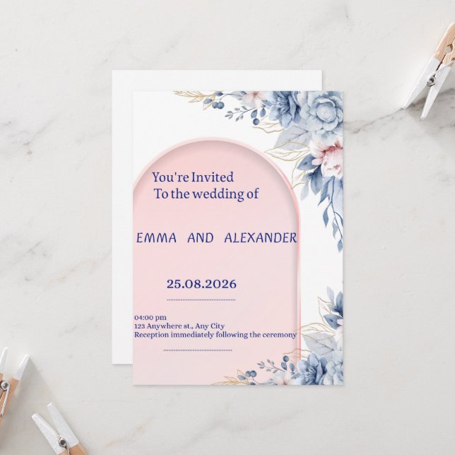Faire invitation de mariage Bleue Flora (Devant/Arrière en situation)