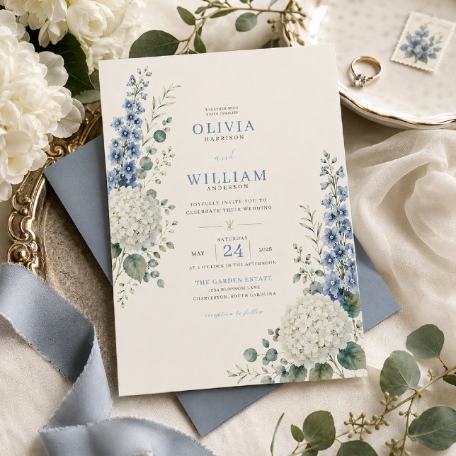 Faire invitation de mariage botanique bleu doux (Créateur téléchargé)