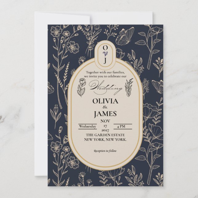 Faire invitation de mariage botanique bleu marine  (Devant)
