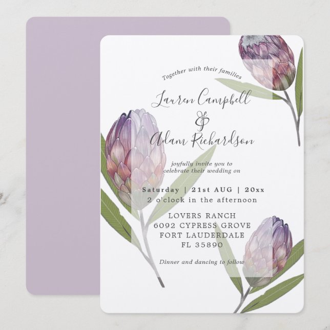 Faire invitation de mariage botanique protea viole (Devant / Derrière)