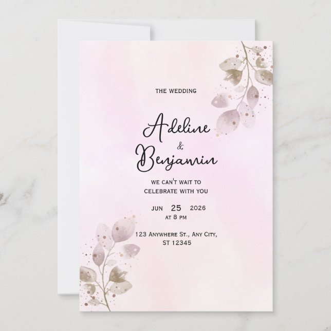Faire invitation de mariage botanique rose poussié (Devant)