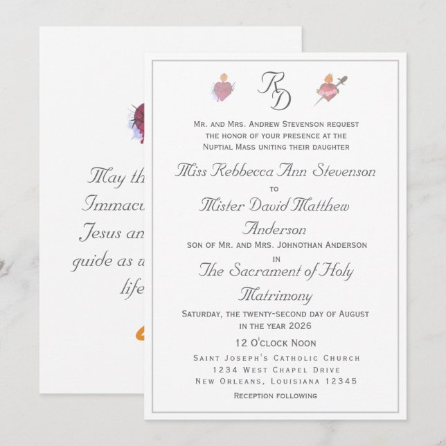 Faire invitation de mariage catholique Deux Cœurs  (Devant / Derrière)