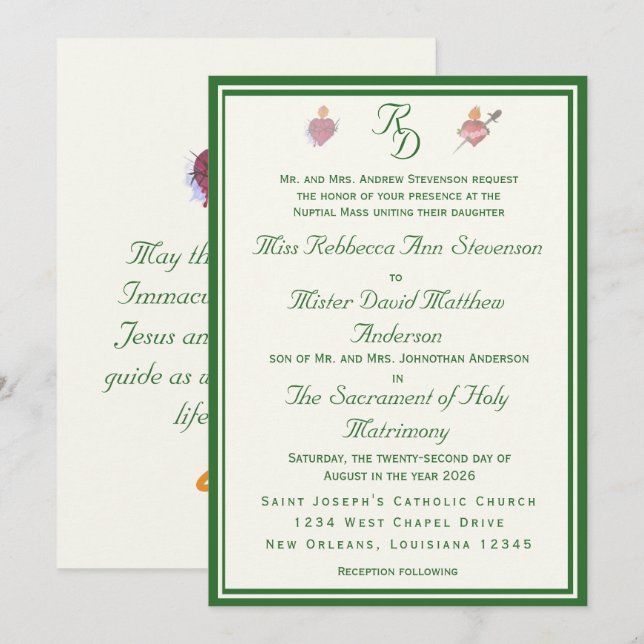 Faire invitation de mariage catholique Deux Cœurs  (Devant / Derrière)