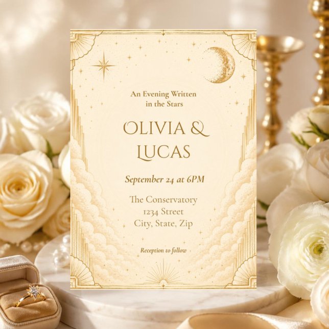 Faire invitation de mariage céleste | Art Déco (Elegant celestial wedding invitation with gold Art Deco moon and stars.)