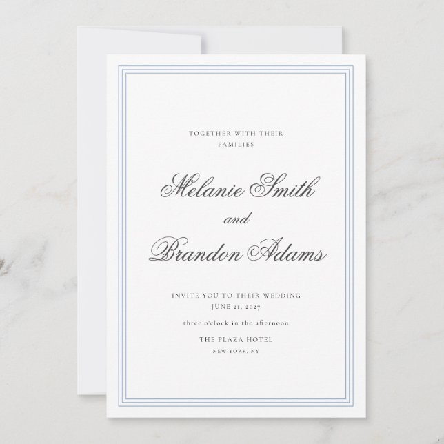 Faire invitation de mariage classique bleu poussié (Devant)