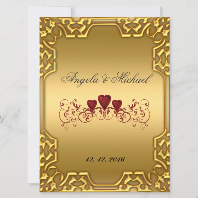 Faire invitation de mariage Cœurs rouges Or (Devant)