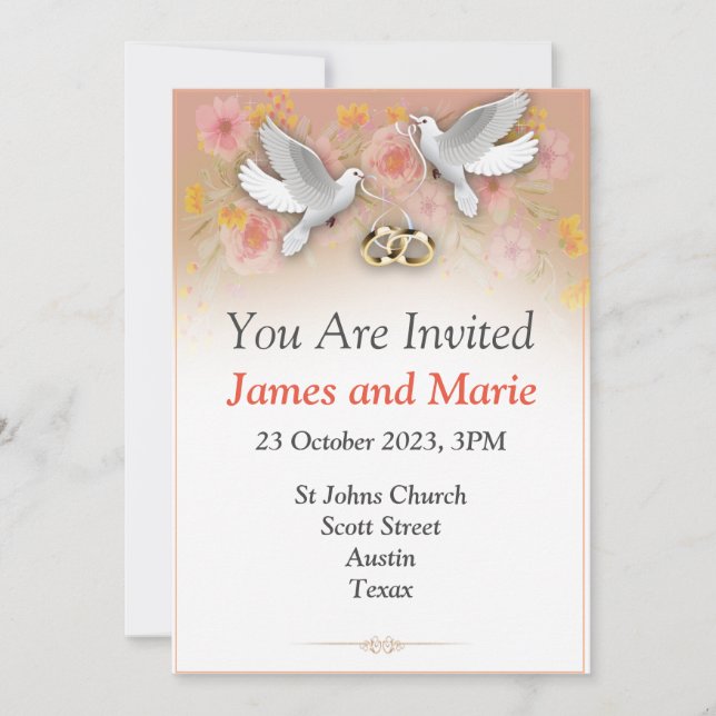 Faire invitation de mariage, colombes et anneaux b (Devant)