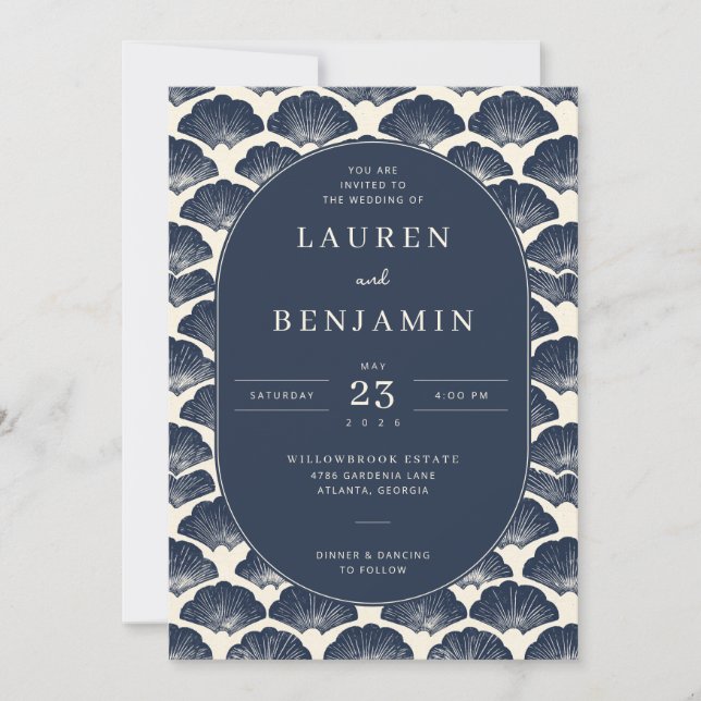 Faire invitation de mariage coquillage bleu marine (Devant)