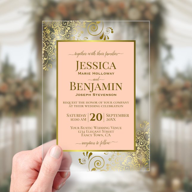 Faire invitation de mariage corail pêche et or (Clear Acrylic with Rectangle Cut)