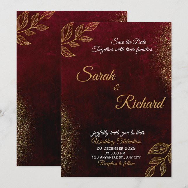 Faire invitation de mariage couleur or et Bourgogn (Devant / Derrière)