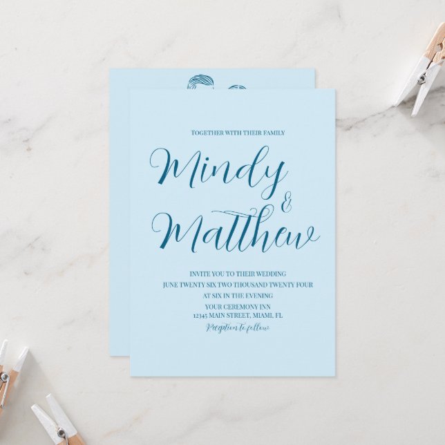 Faire invitation de mariage couple bleu sur bleu (Devant/Arrière en situation)