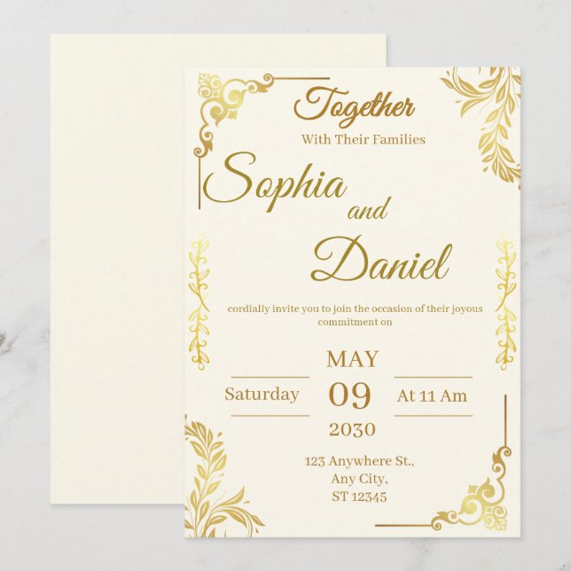 Faire invitation de mariage crème et or (Devant / Derrière)