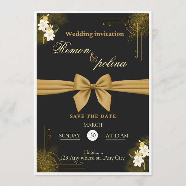 Faire invitation de mariage de luxe noir et or (Devant)