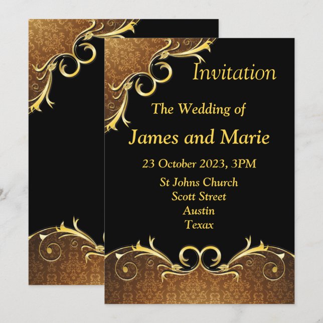 Faire invitation de mariage, défilement noir et or (Devant / Derrière)