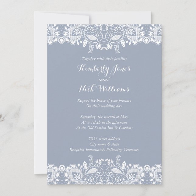 Faire invitation de mariage Dusty Blue en dentelle (Devant)