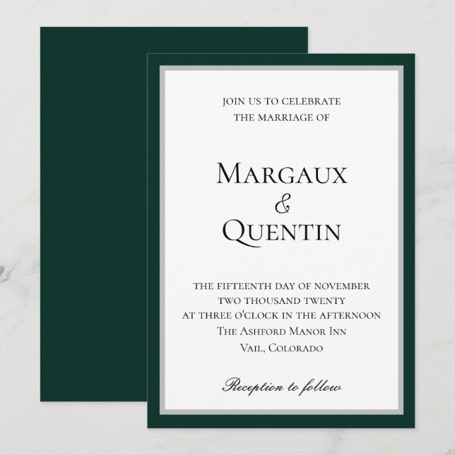 Faire invitation de mariage Émeraude et Argent (Devant / Derrière)