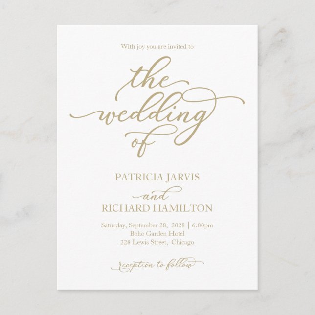 Faire invitation de mariage en calligraphie dorée (Devant)