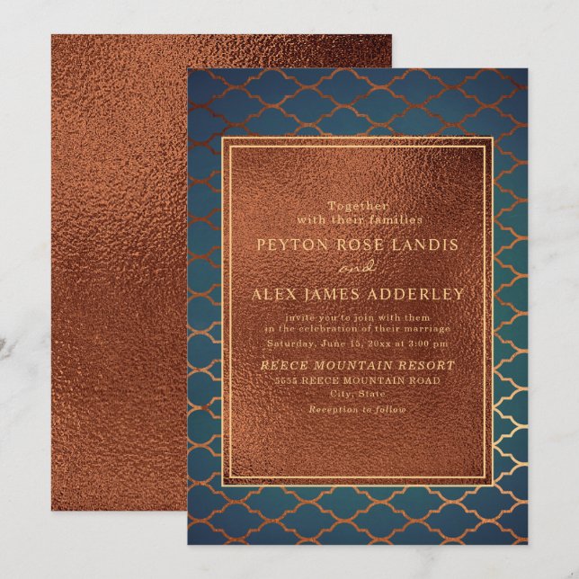 Faire invitation de mariage en cuivre sarcelle or  (Devant / Derrière)