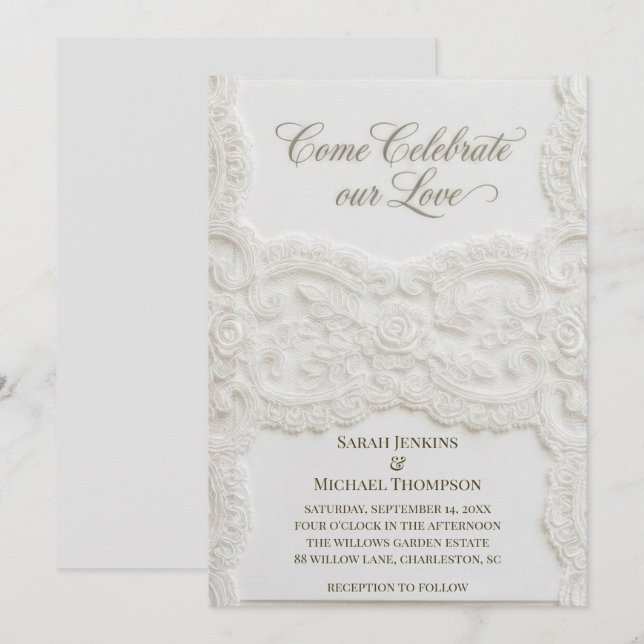 Faire invitation de mariage en dentelle blanche él (Devant / Derrière)