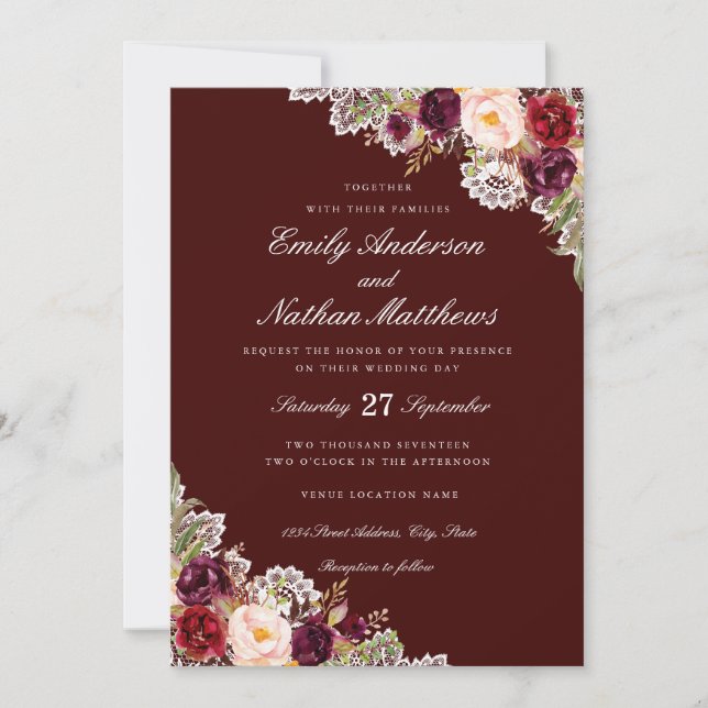 Faire invitation de mariage en dentelle florale bo (Devant)