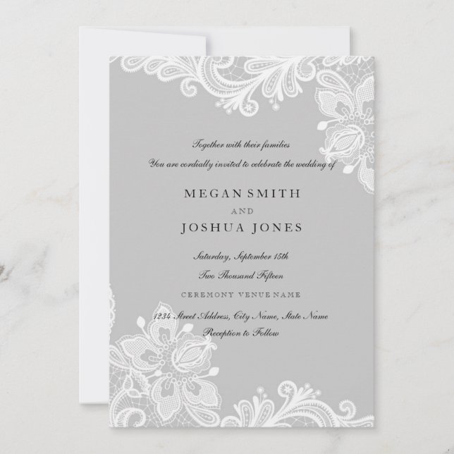 Faire invitation de mariage en dentelle grise et b (Devant)