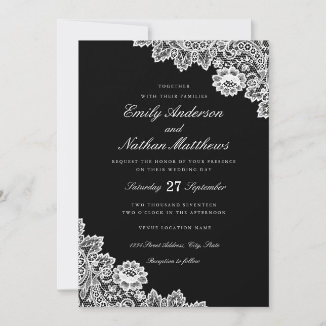 Faire invitation de mariage en dentelle noir et bl (Devant)