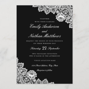 Faire invitation de mariage en dentelle noir et bl