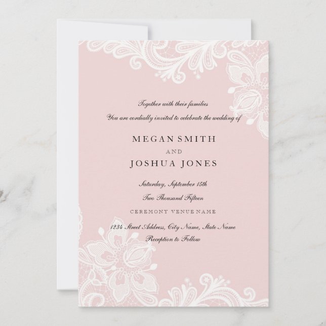 Faire invitation de mariage en dentelle rose pêche (Devant)
